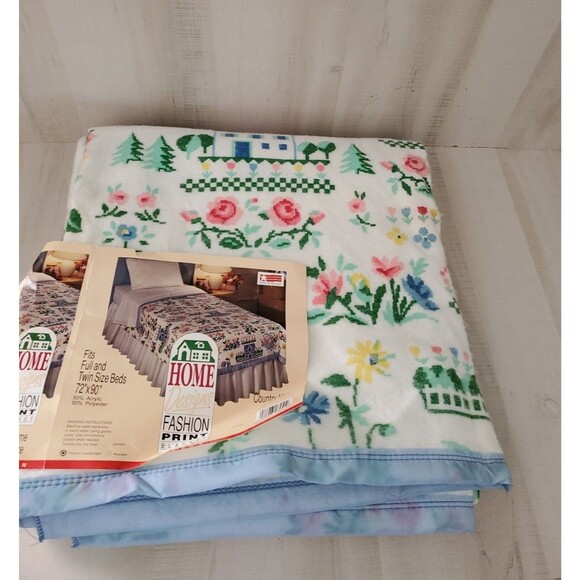 Vintage Home Designs Blanket Wild Flowers CountryFits Full Twin Green Blue 72x90